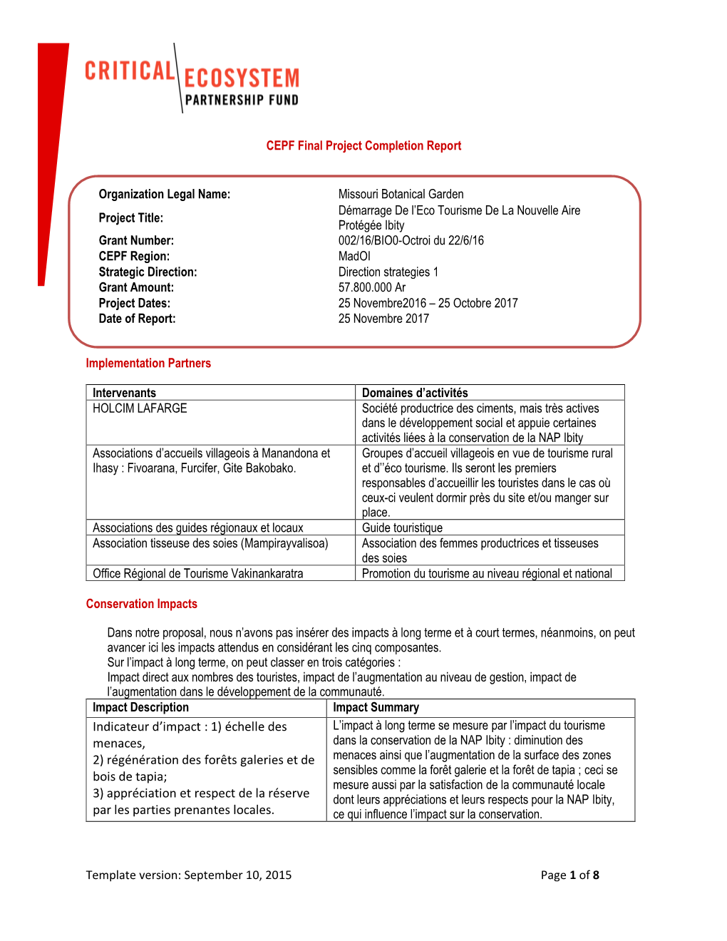 Indicateur D'impact : 1) Échelle Des Menaces, 2) Régénération Des