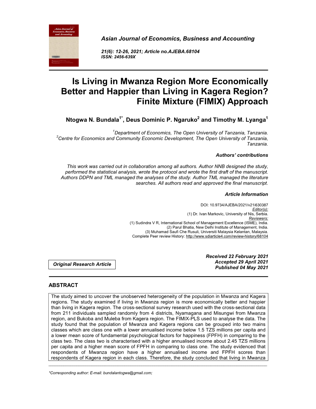 Is Living in Mwanza Region More Economically Better and Happier Than Living in Kagera Region? Finite Mixture (FIMIX) Approach