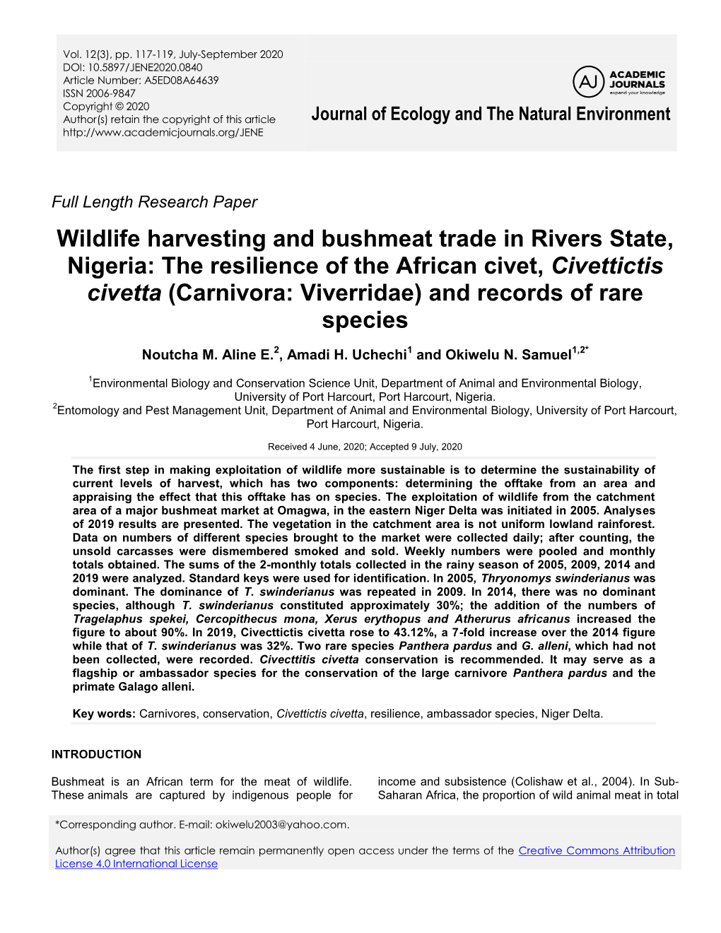 Wildlife Harvesting and Bushmeat Trade in Rivers State, Nigeria