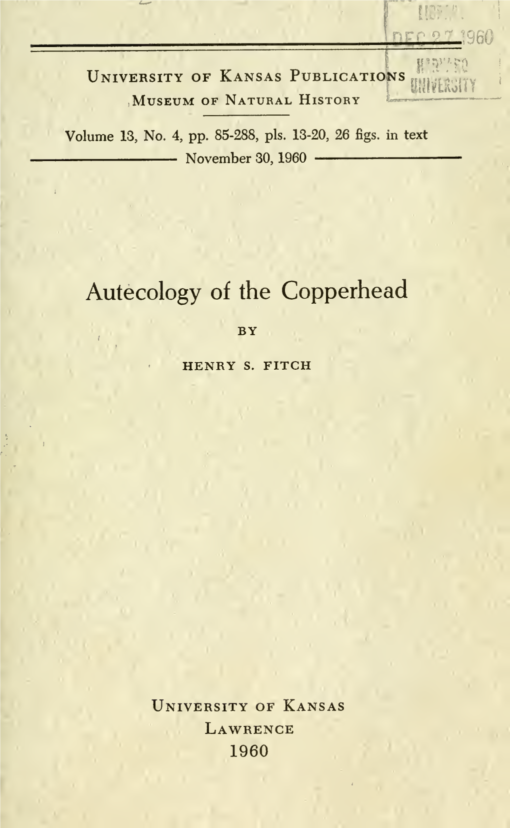 Autecology of the Copperhead BY