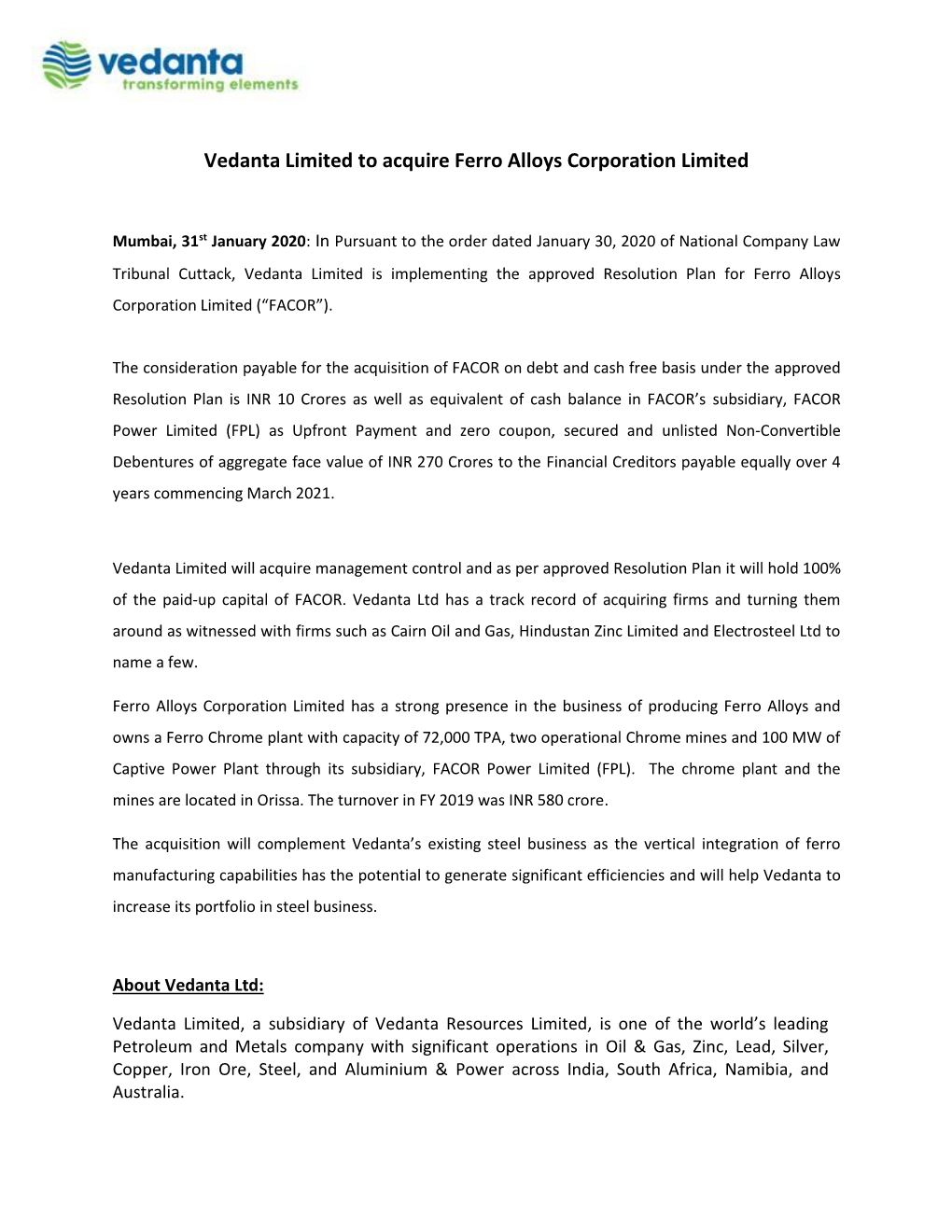 Vedanta Limited to Acquire Ferro Alloys Corporation Limited