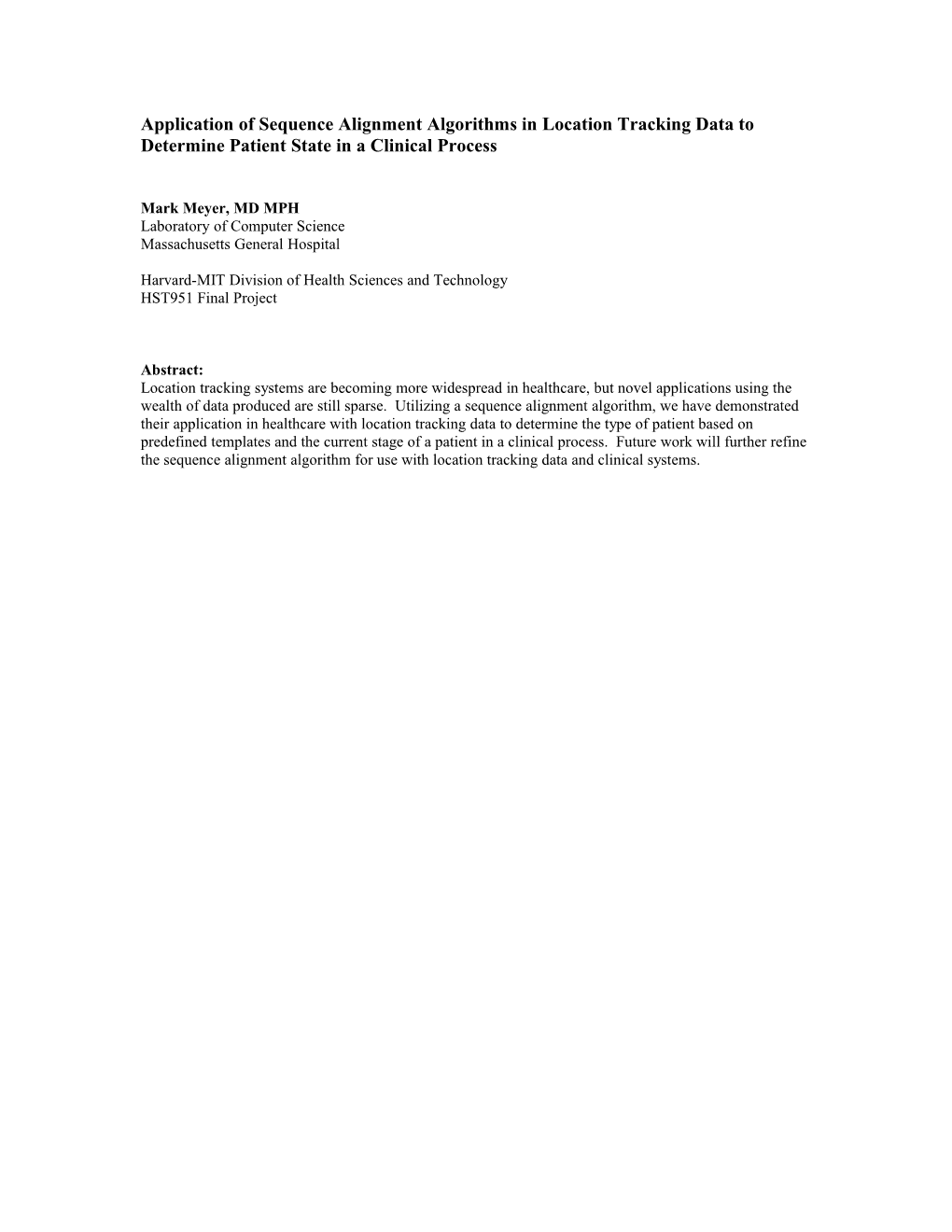 Application of Sequence Alignment to Location Tracking Data to Determine Patient State