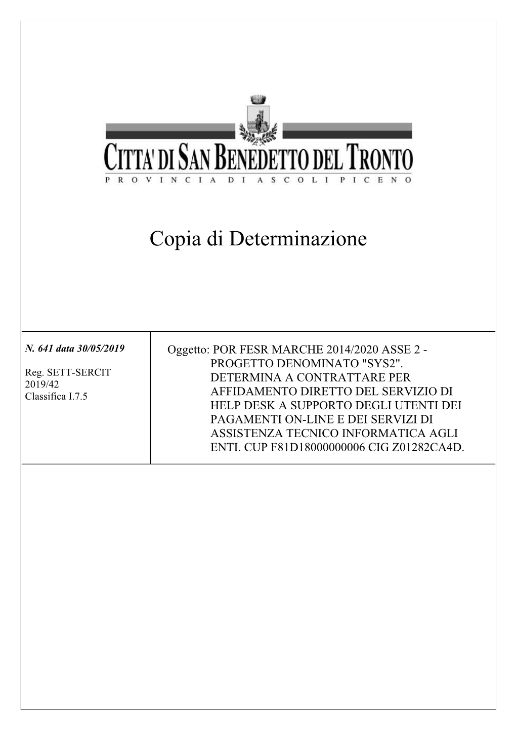 Determina N. 641 Data 30/05/2019