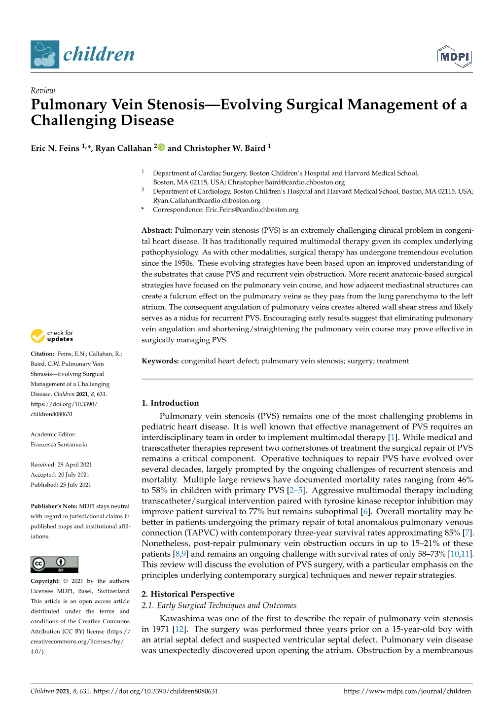 Pulmonary Vein Stenosis—Evolving Surgical Management of a Challenging Disease