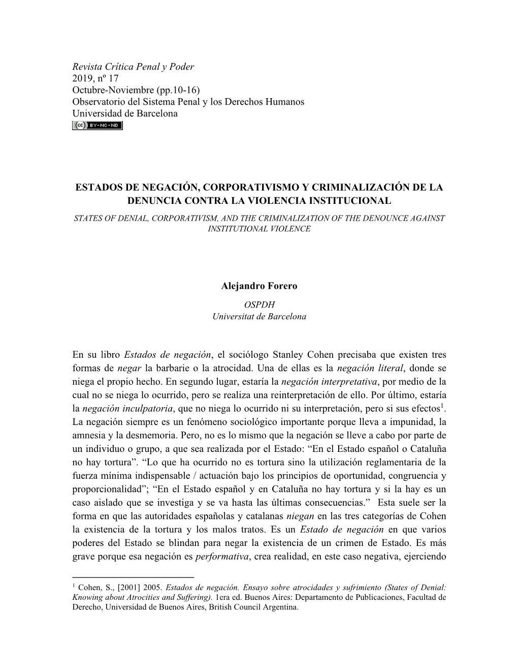 Revista Crítica Penal Y Poder 2019, Nº 17 Octubre-Noviembre (Pp.10-16) Observatorio Del Sistema Penal Y Los Derechos Humanos Universidad De Barcelona