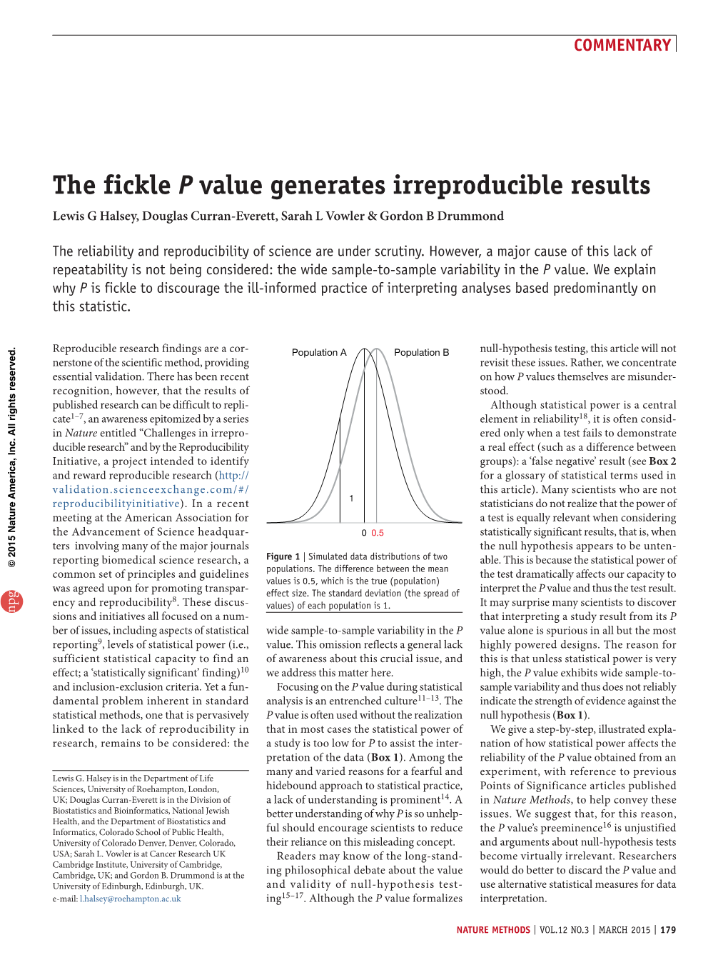 The Fickle P Value Generates Irreproducible Results Lewis G Halsey, Douglas Curran-Everett, Sarah L Vowler & Gordon B Drummond