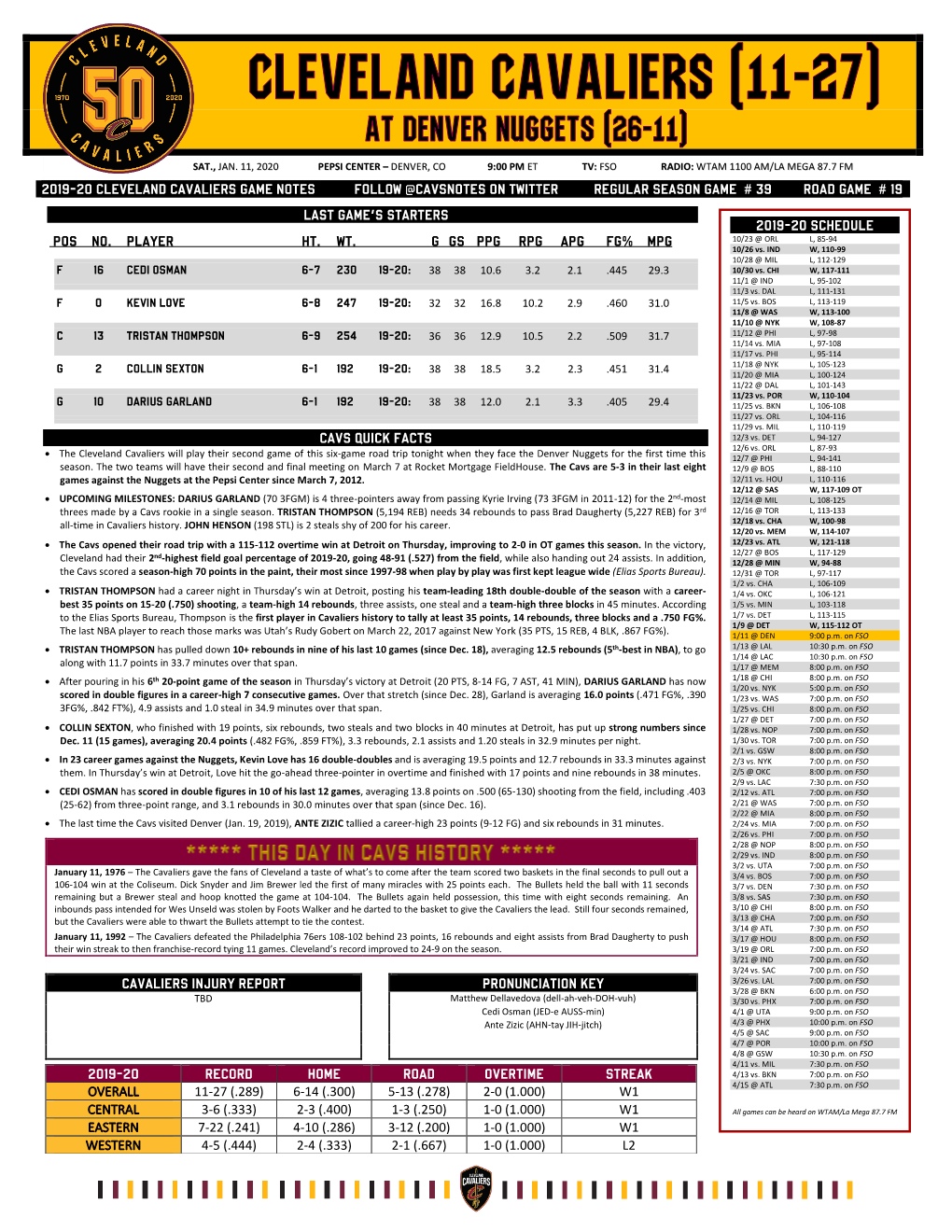 2019-20 Cleveland Cavaliers Game Notes Follow @Cavsnotes on Twitter Regular Season Game # 39 Road Game # 19