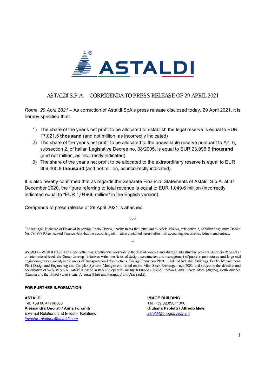 Astaldi S.P.A. – Corrigenda to Press Release of 29 April 2021