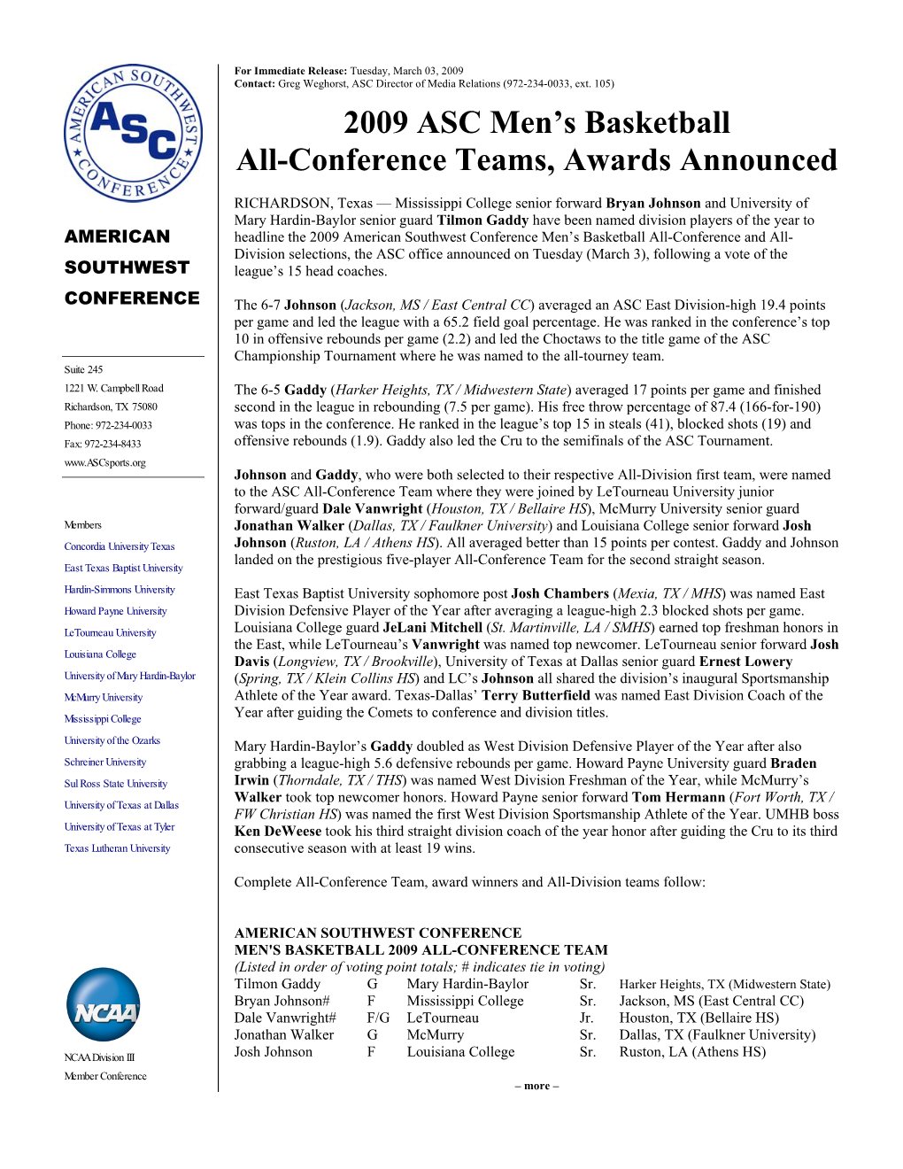2009 ASC Men's Basketball All-Conference Teams, Awards