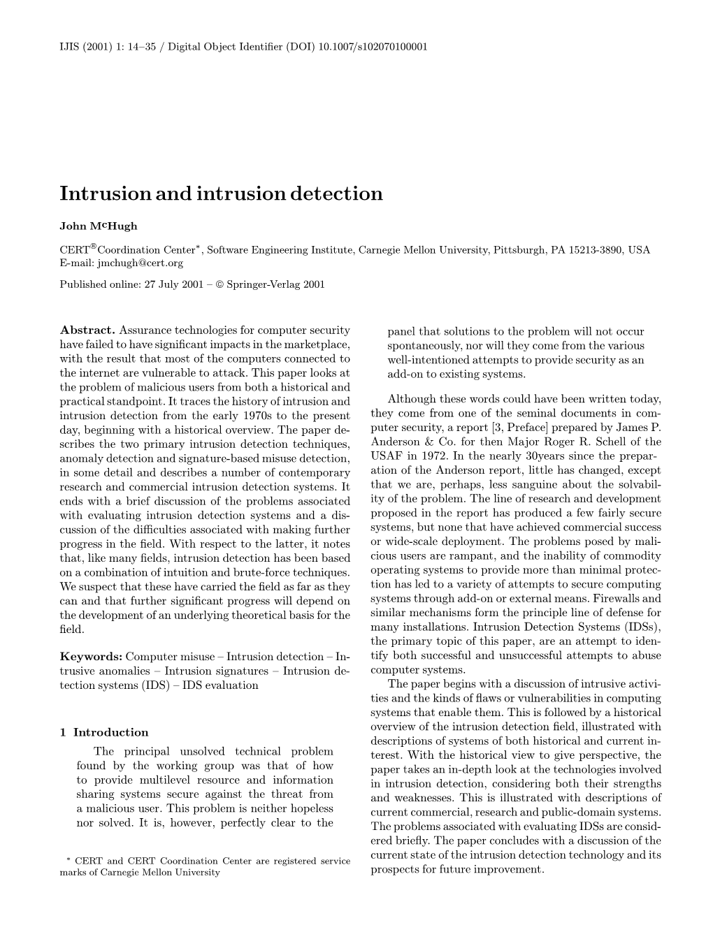 Intrusion and Intrusion Detection