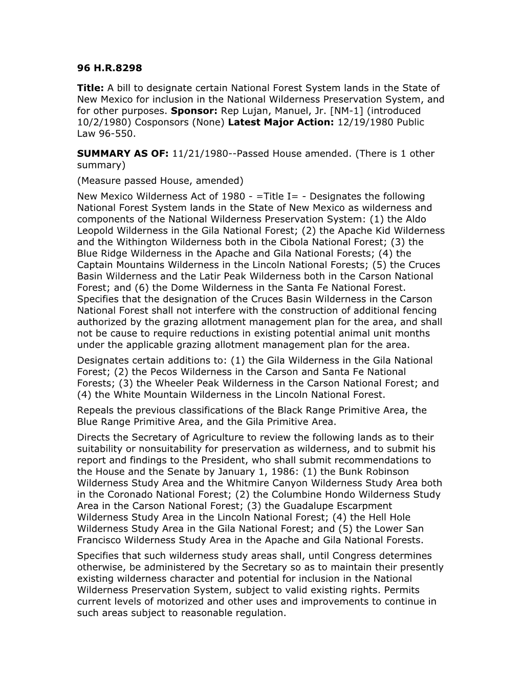 96 H.R.8298 Title: a Bill to Designate Certain National Forest System Lands in the State of New Mexico for Inclusion in the Nati