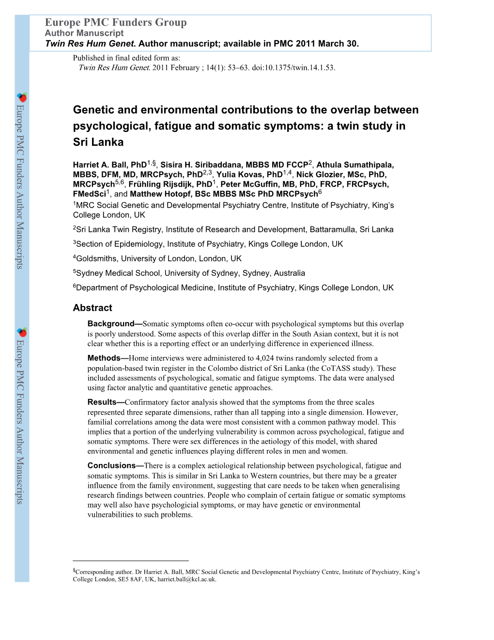 Europe PMC Funders Group Author Manuscript Twin Res Hum Genet