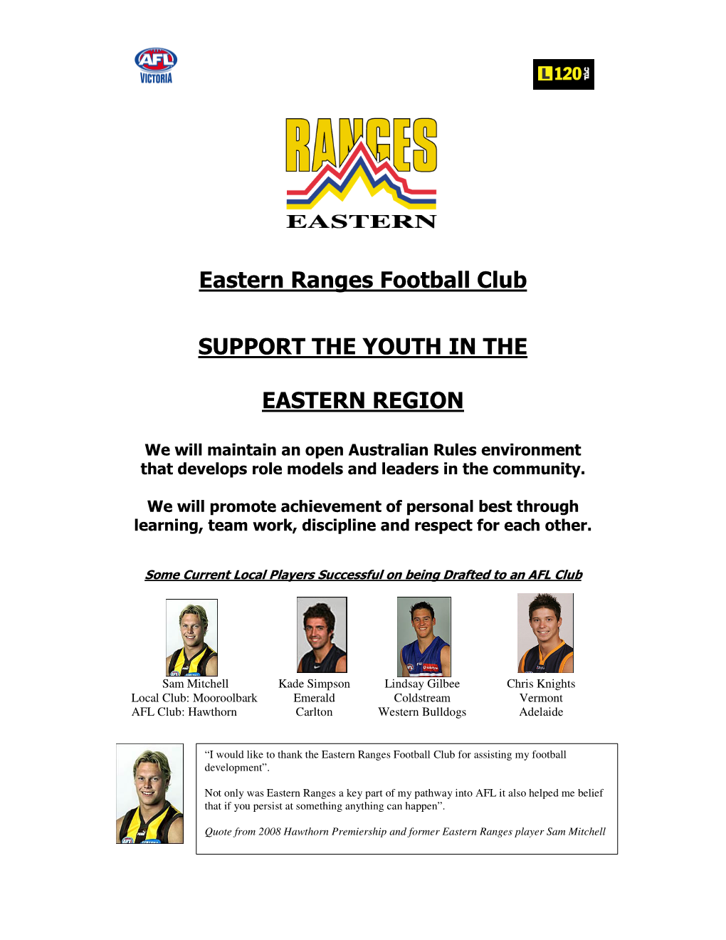 Eastern Ranges Football Club SUPPORT the YOUTH in THE