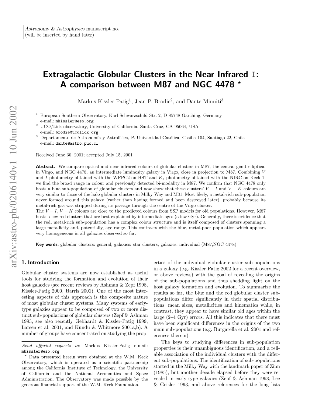 Extragalactic Globular Clusters in the Near Infrared I: a Comparison Between M87 and NGC 4478