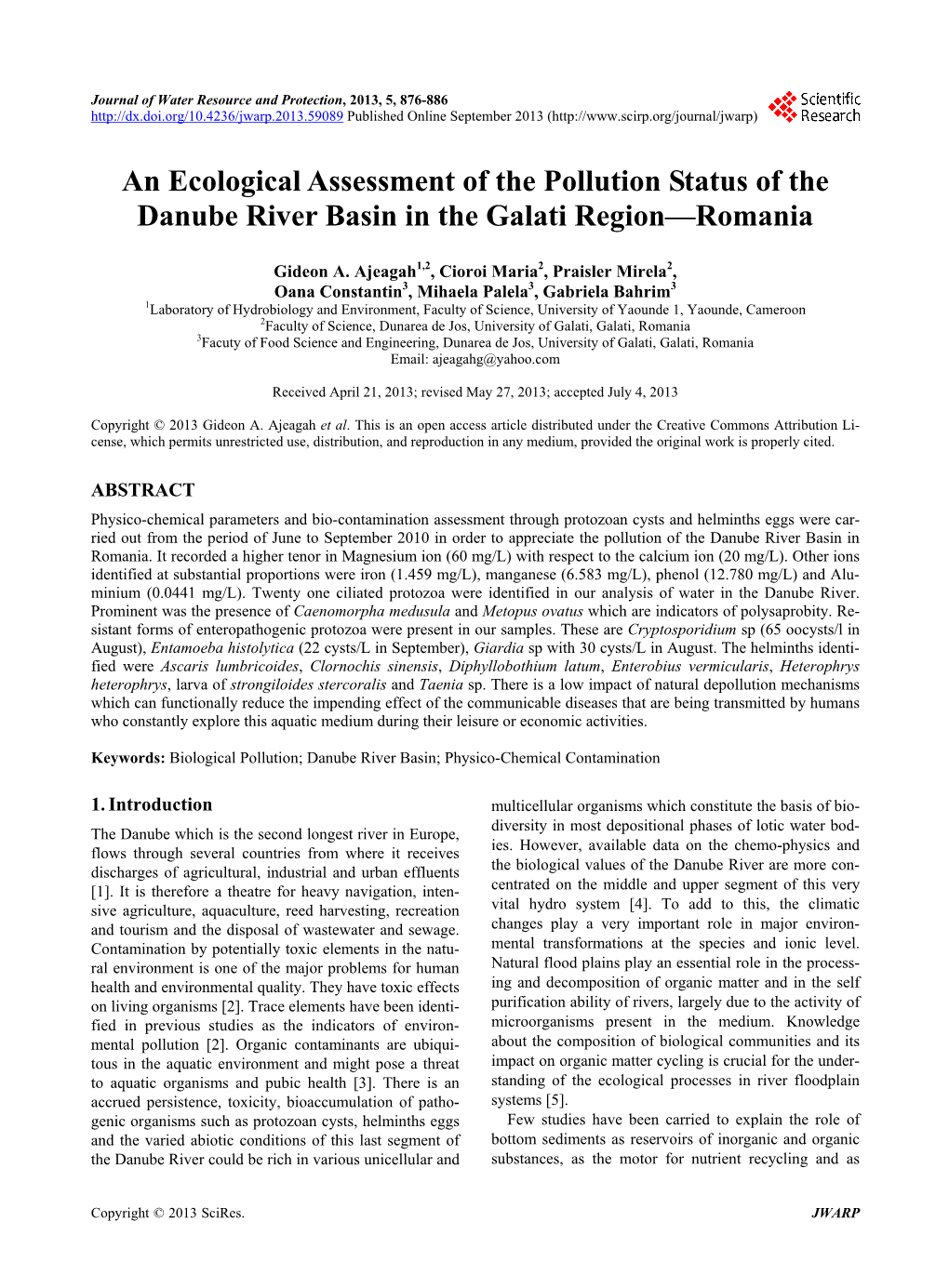 An Ecological Assessment of the Pollution Status of the Danube River Basin in the Galati Region—Romania