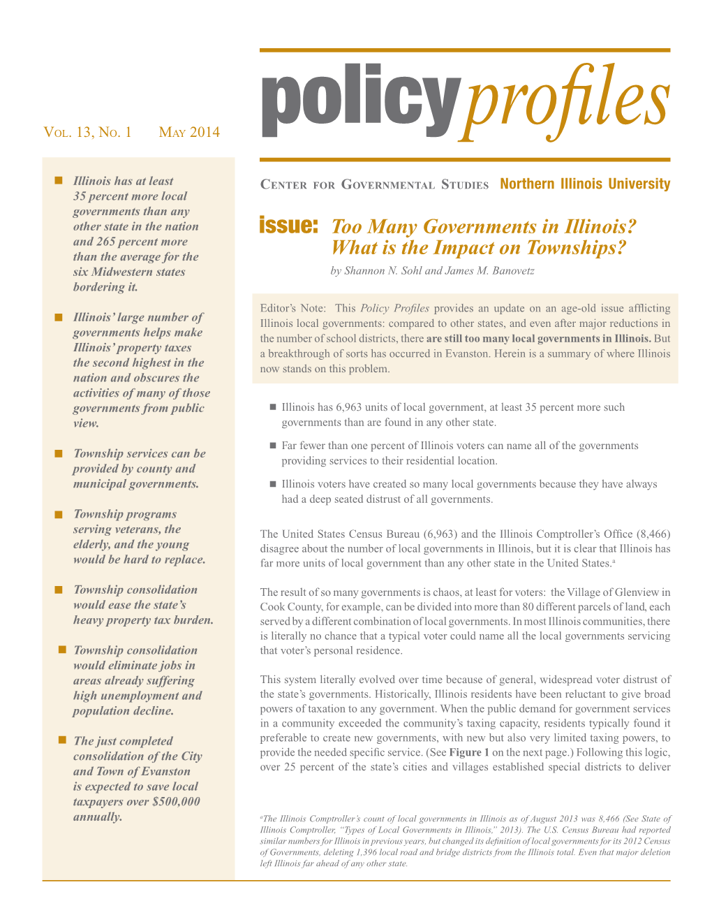 Issue: Too Many Governments in Illinois? and 265 Percent More Than the Average for the What Is the Impact on Townships? Six Midwestern States by Shannon N