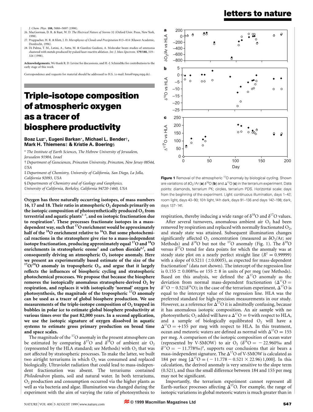 Triple-Isotope Composition of Atmospheric Oxygen As a Tracer Of