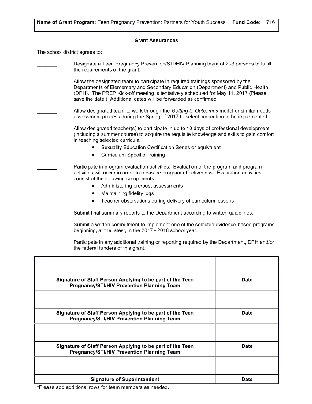 FY2017 Fund Code 716 Teen Pregnancy Prevention: Partners for Youth Success Grant Assurance