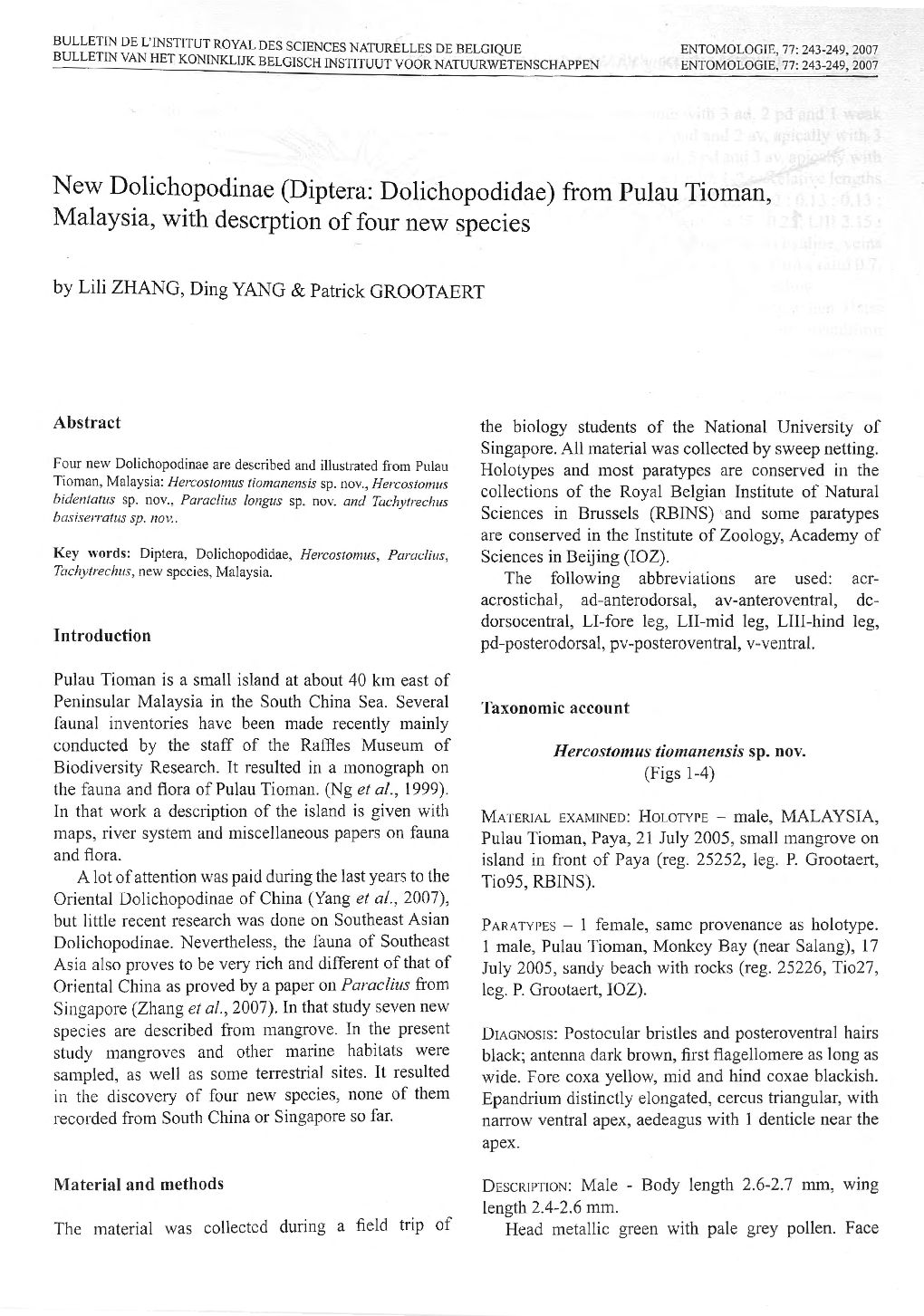 New Dolichopodinae (Diptera: Dolichopodidae) from Pulau Tioman, Malaysia, with Descrption of Four New Species by Lili ZHANG, Ding YANG & Patrick GROOTAERT