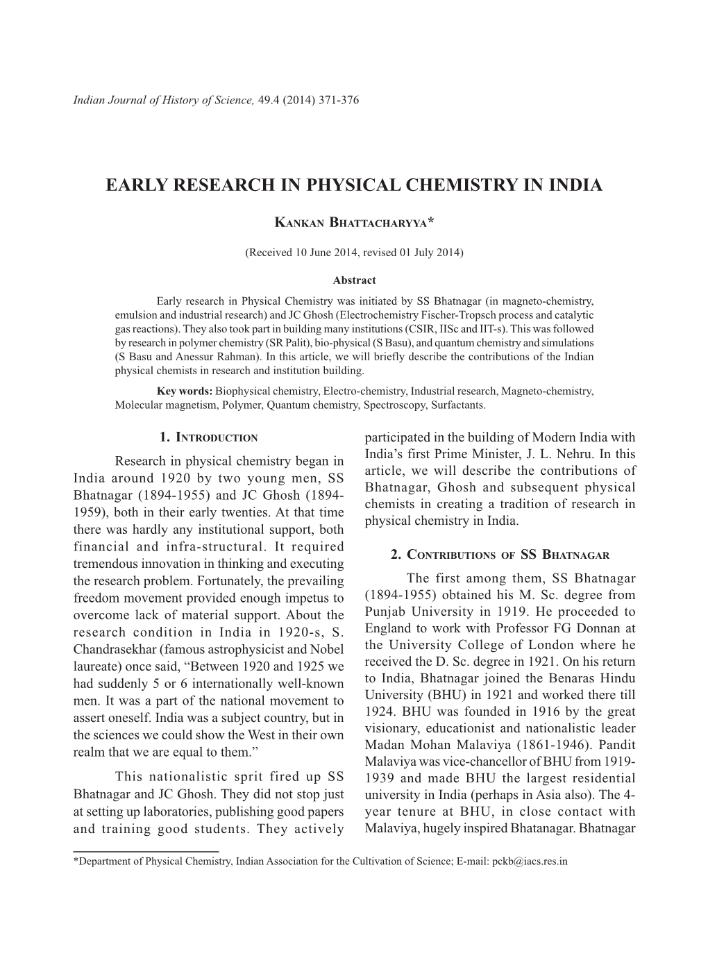 Early Research in Physical Chemistry in India