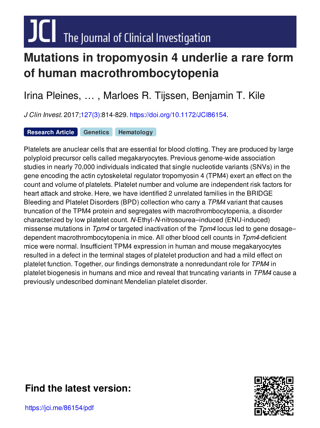 Mutations in Tropomyosin 4 Underlie a Rare Form of Human Macrothrombocytopenia