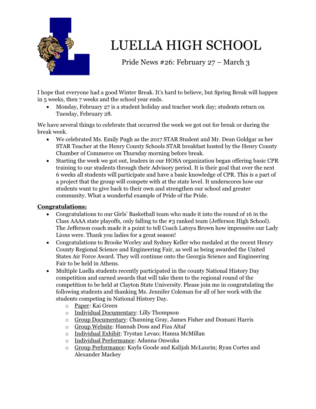 LUELLA HIGH SCHOOL Pride News #26: February 27 – March 3