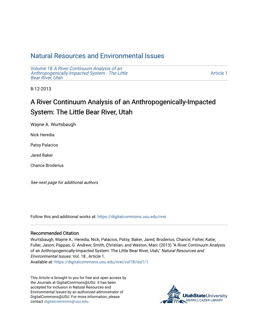 A River Continuum Analysis of an Anthropogenically-Impacted System : the Little Article 1 Bear River, Utah