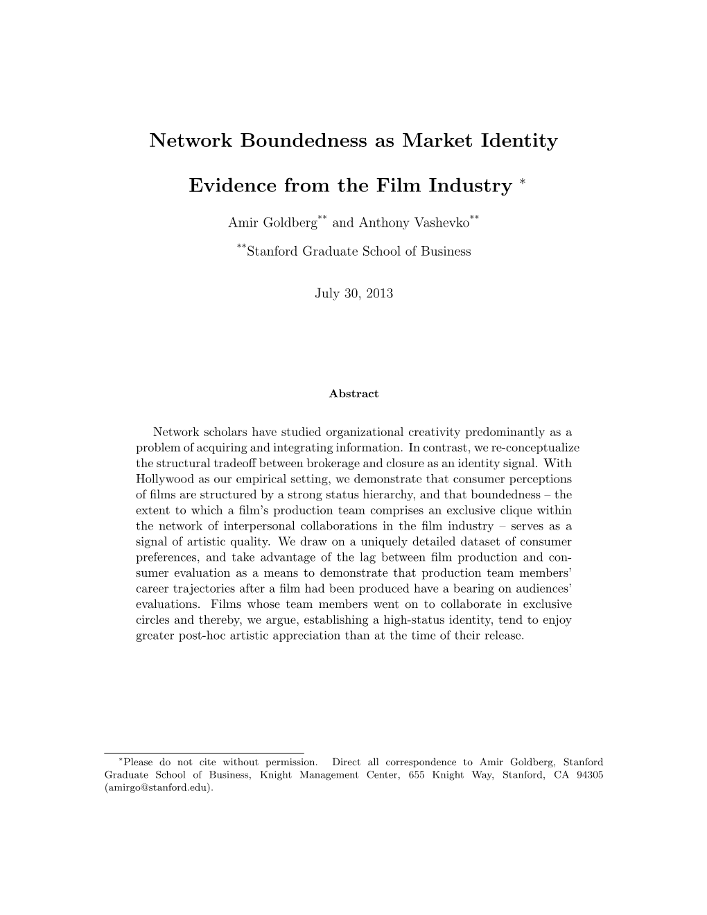 Network Boundedness As Market Identity Evidence from the Film