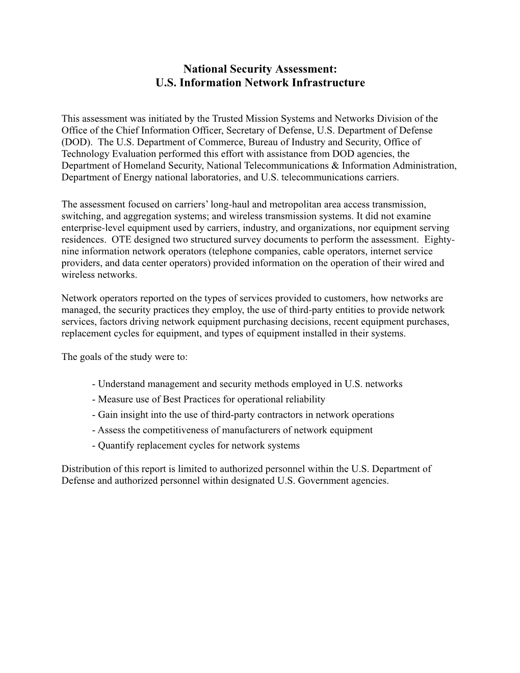 National Security Assessment: U.S. Information Network Infrastructure