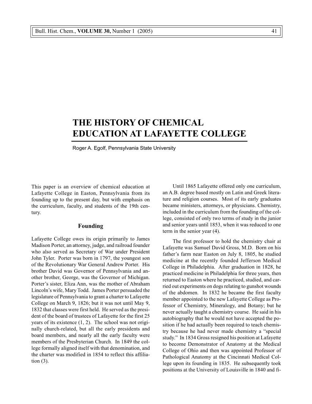 The History of Chemical Education at Lafayette College