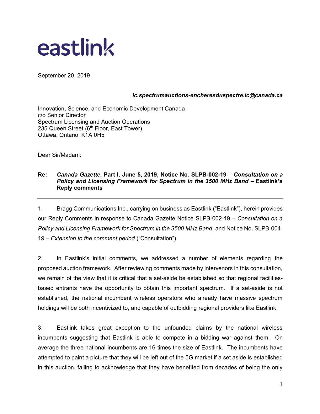Eastlink’S Reply Comments