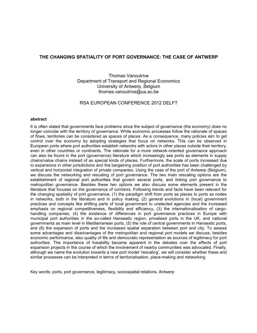 The Changing Spatiality of Port Governance: the Case of Antwerp