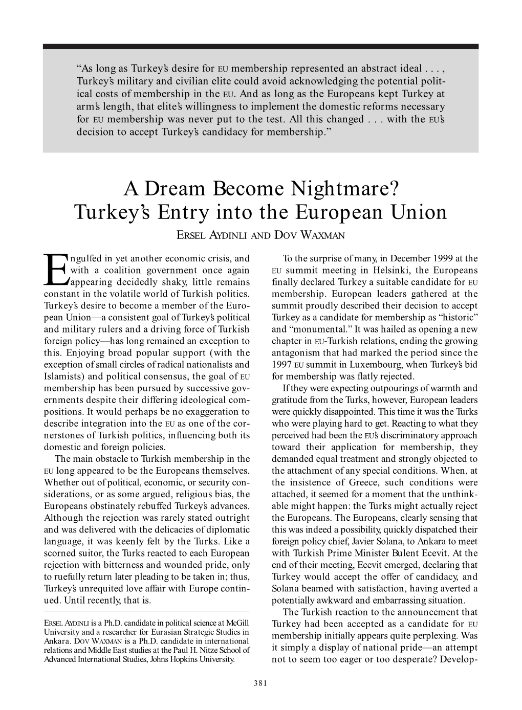 Turkey's Entry Into the European Union