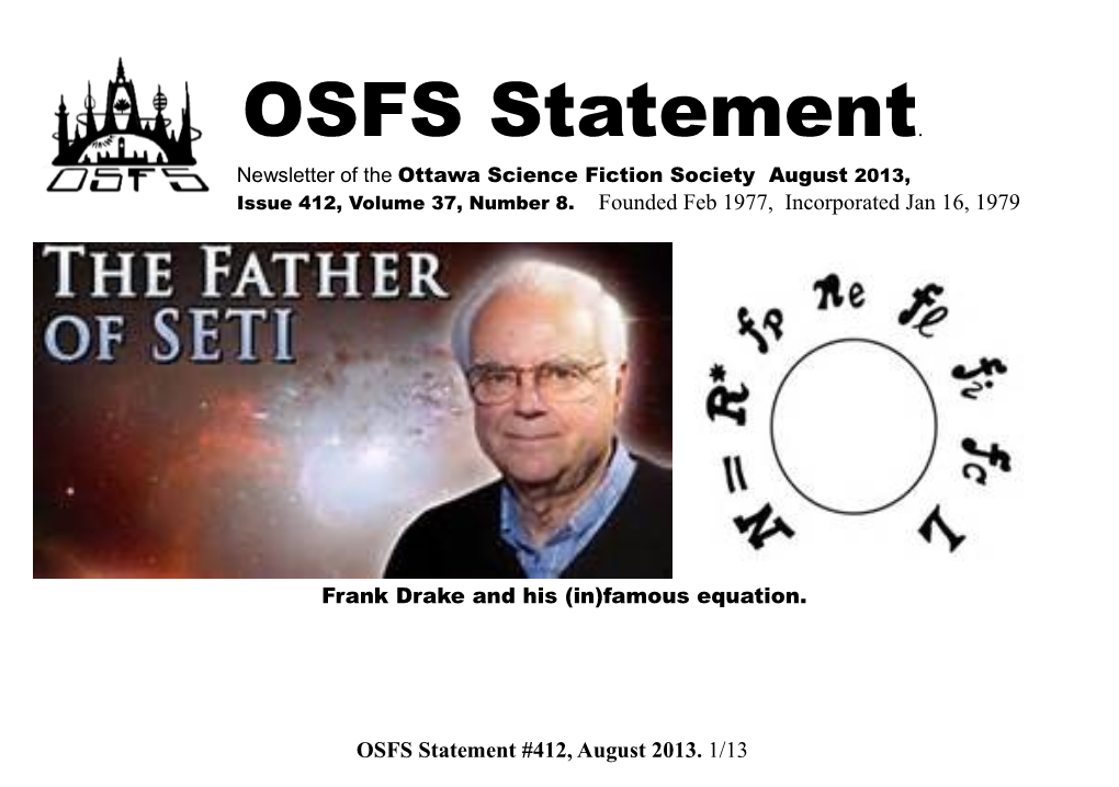 OSFS Statement. Newsletter of the Ottawa Science Fiction Society August 2013, Issue 412, Volume 37, Number 8