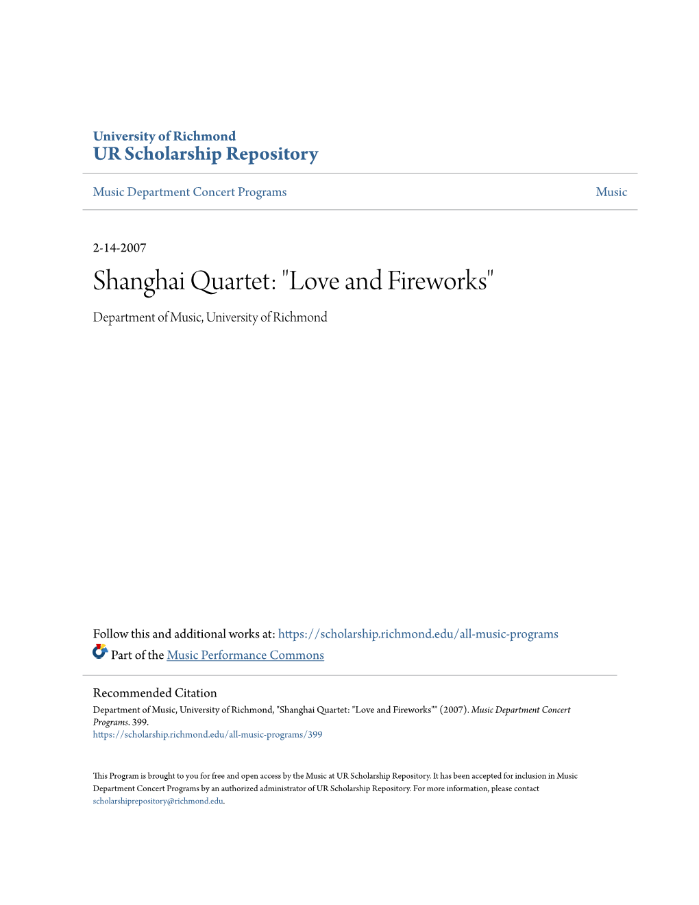 Shanghai Quartet: "Love and Fireworks" Department of Music, University of Richmond