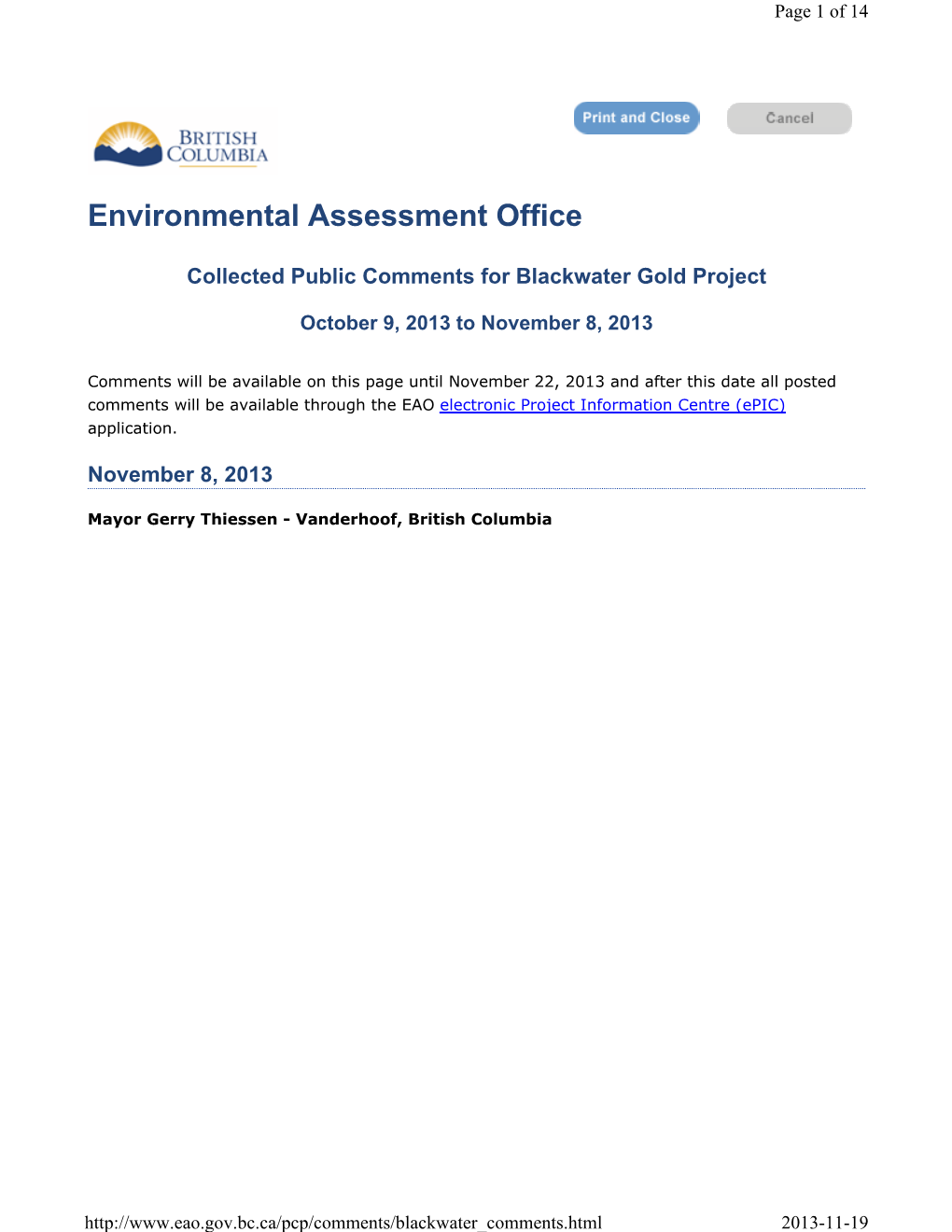British Columbia Environmental Assessment Office, P.O