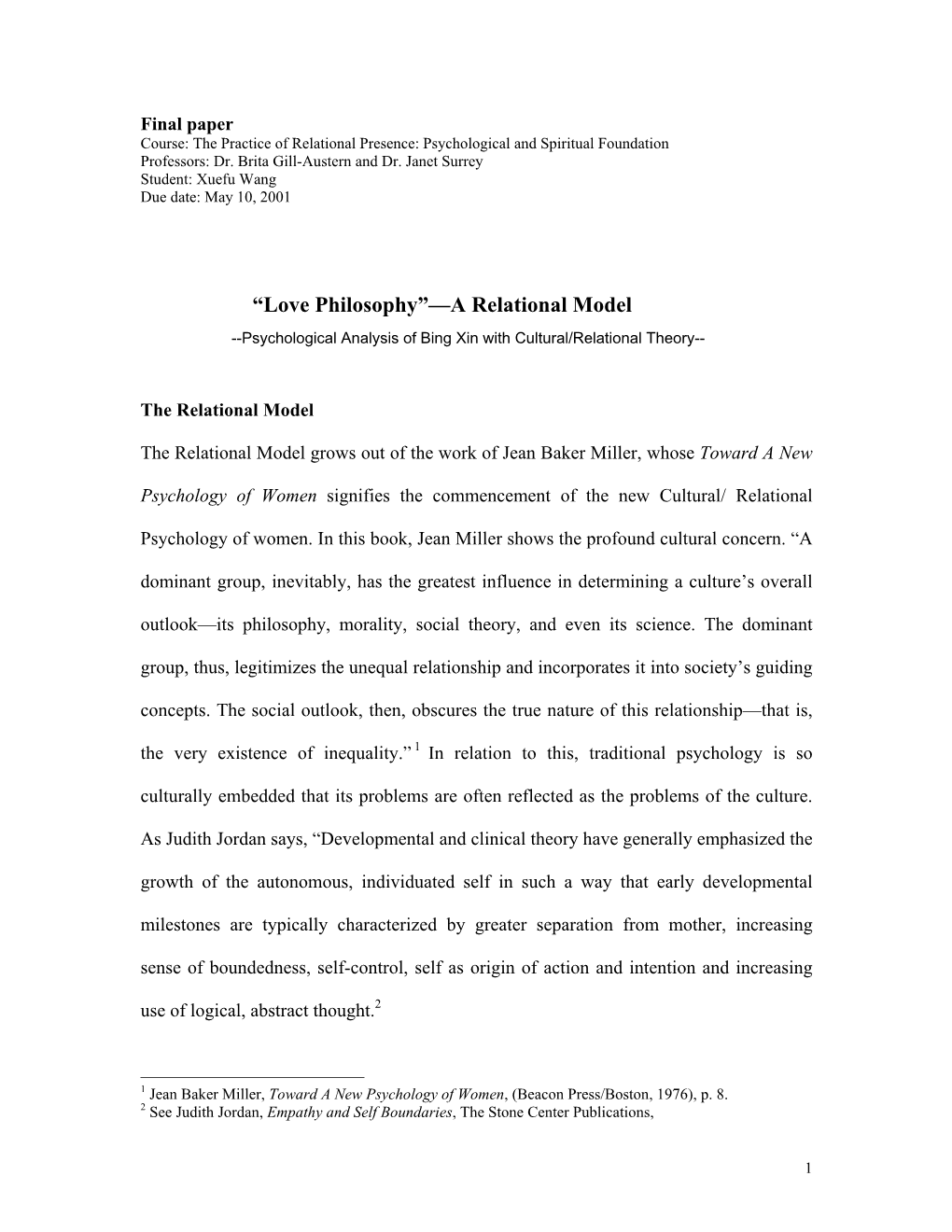 “Love Philosophy”—A Relational Model --Psychological Analysis of Bing Xin with Cultural/Relational Theory