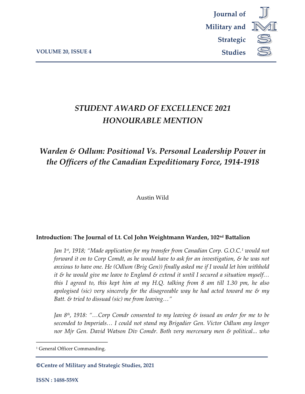 Positional Vs. Personal Leadership Power in the Officers of the Canadian Expeditionary Force, 1914-1918