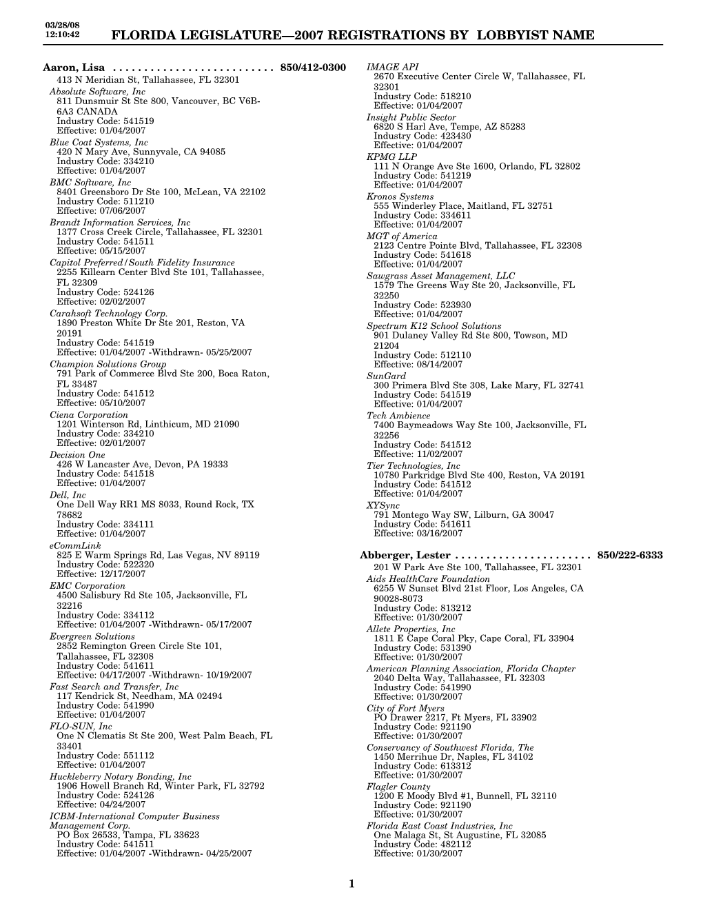 Florida Legislature—2007 Registrations by Lobbyist Name