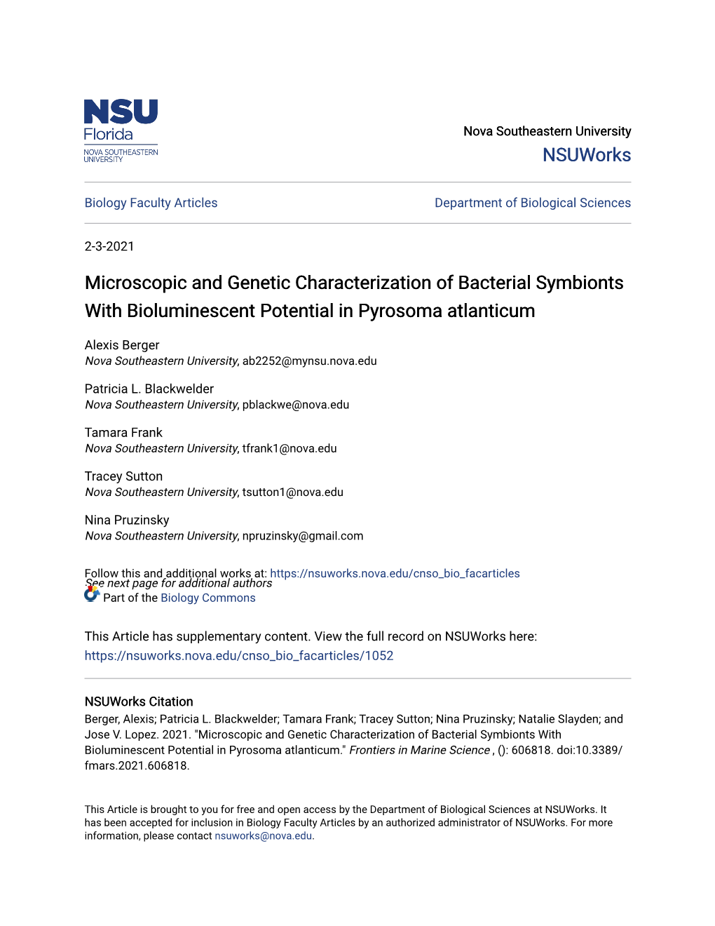 Microscopic and Genetic Characterization of Bacterial Symbionts with Bioluminescent Potential in Pyrosoma Atlanticum