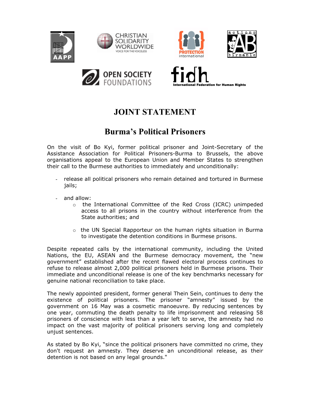 Joint Statement on Burma's Political Prisoners
