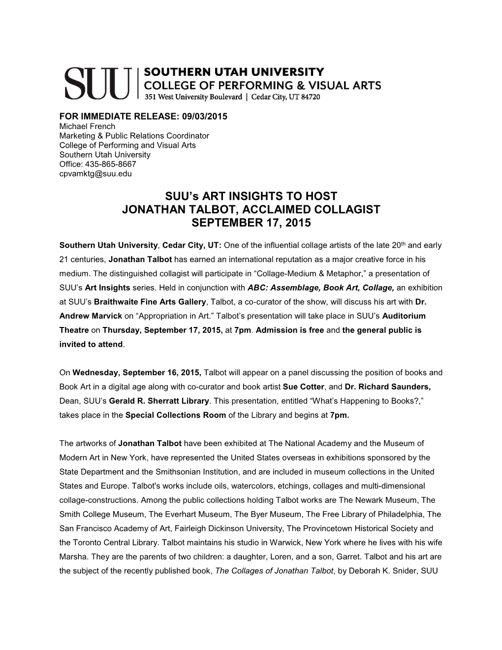 SUU's ART INSIGHTS to HOST JONATHAN TALBOT, ACCLAIMED