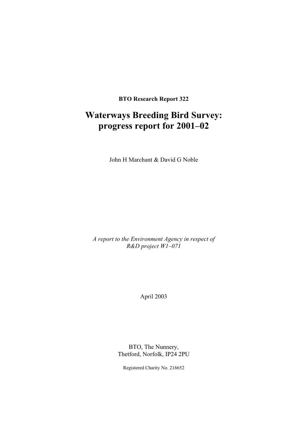 Waterways Breeding Bird Survey: Progress Report for 2001–02