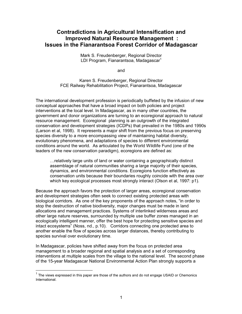 Contradictions in Agricultural Intensification and Improved Natural Resource Management : Issues in the Fianarantsoa Forest Corridor of Madagascar