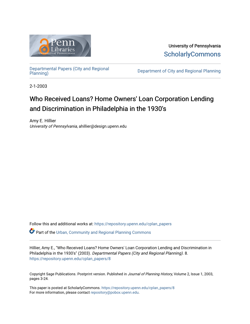 Who Received Loans? Home Owners' Loan Corporation Lending and Discrimination in Philadelphia in the 1930'S