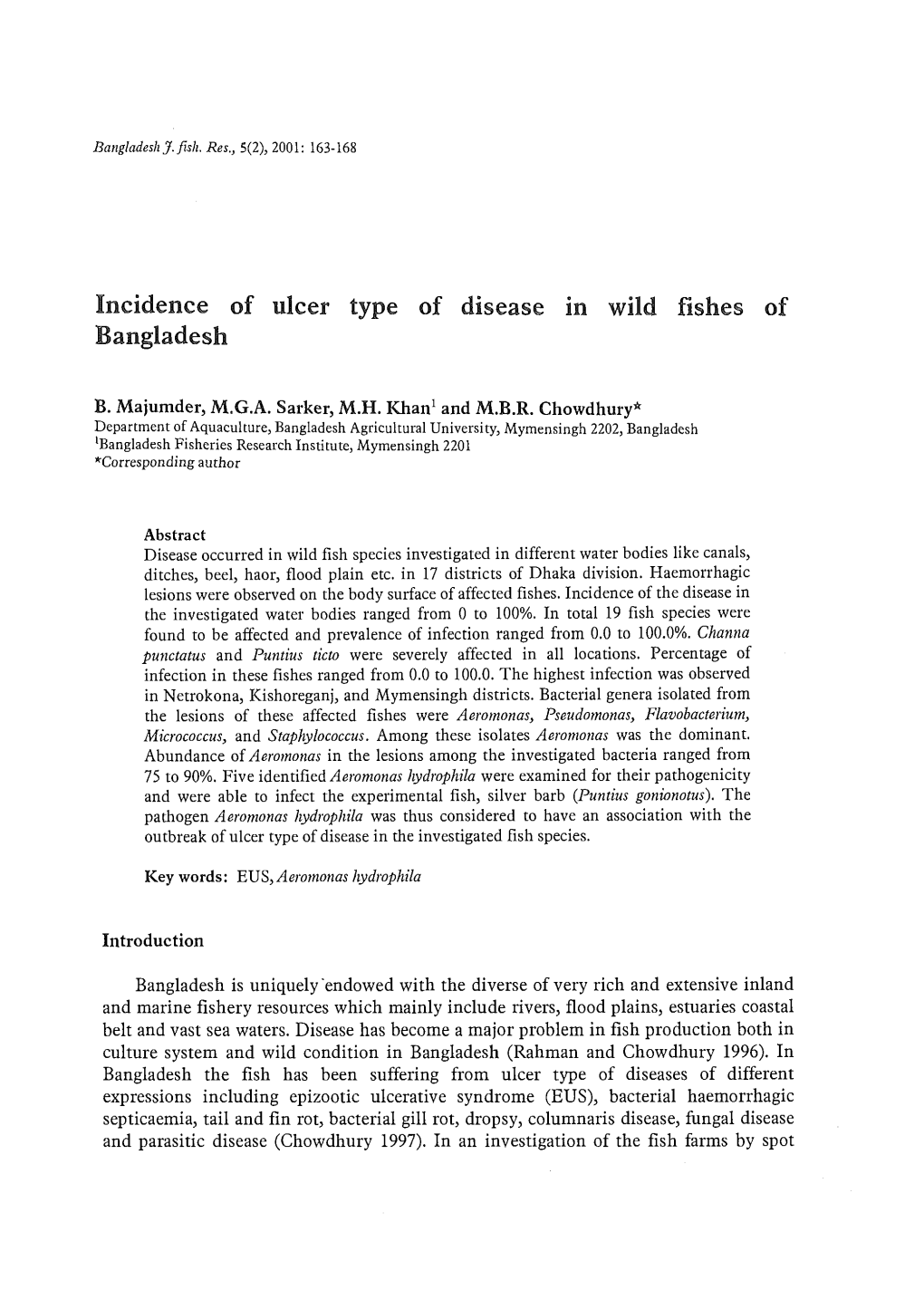 Incidence of Ulcer Type of Disease in Wild Fishes of Bangladesh