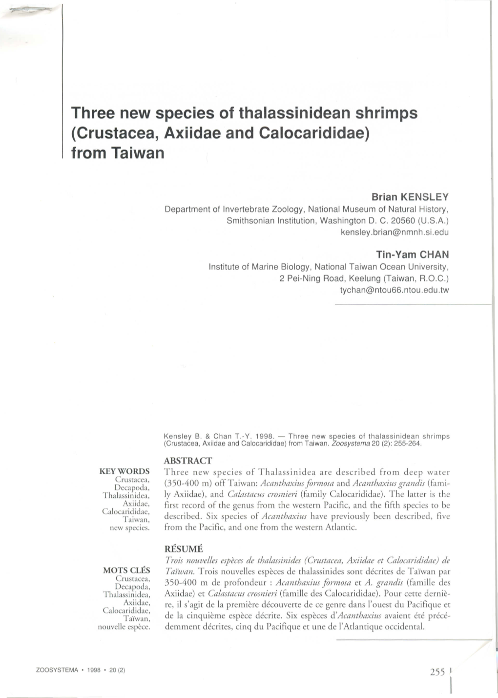 Three New Species of Thalassinidean Shrimps (Crustacea, Axiidae and Calocarididae) from Taiwan