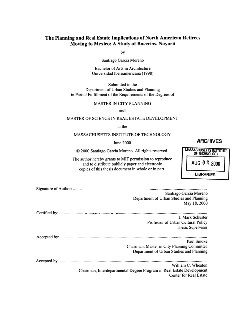 AUG 0 2 2000 Copies of This Thesis Document in Whole Or in Part