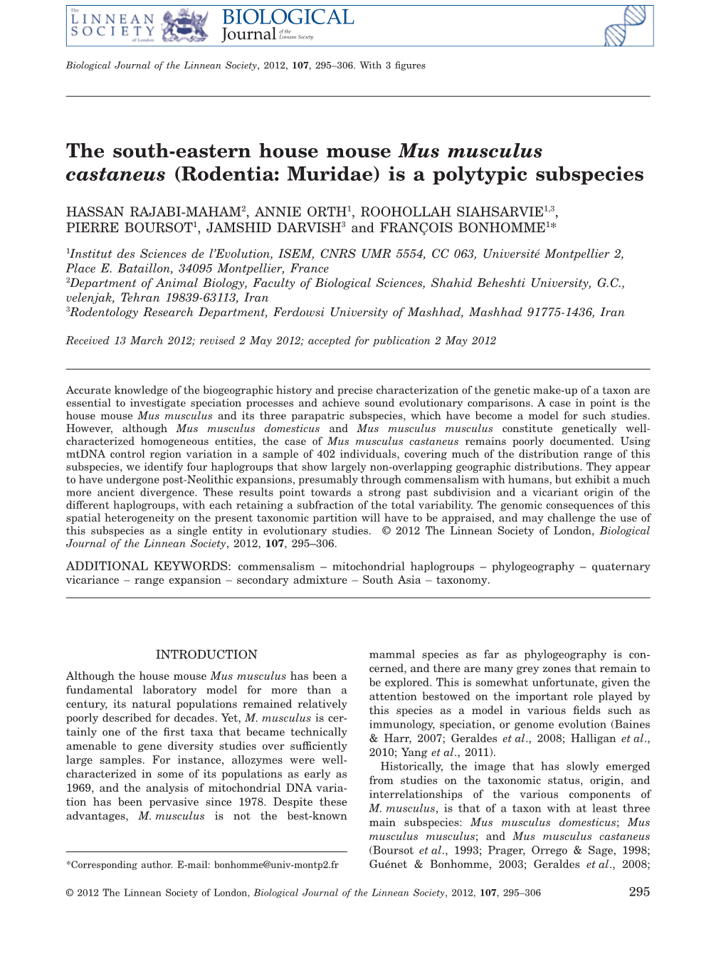 The South-Eastern House Mouse Mus Musculus Castaneus (Rodentia: Muridae) Is a Polytypic Subspecies