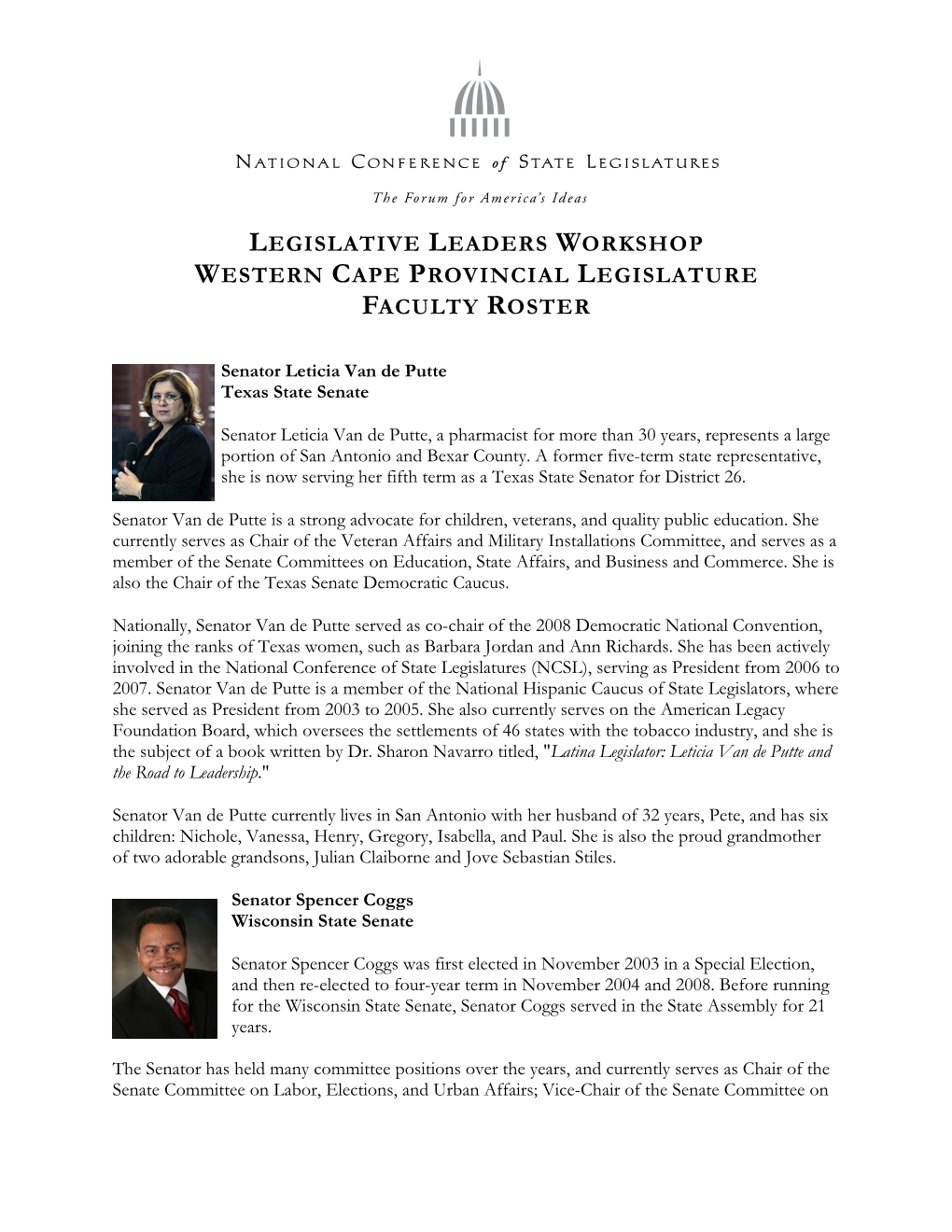 Legislative Leaders Workshop Western Cape Provincial Legislature Faculty Roster